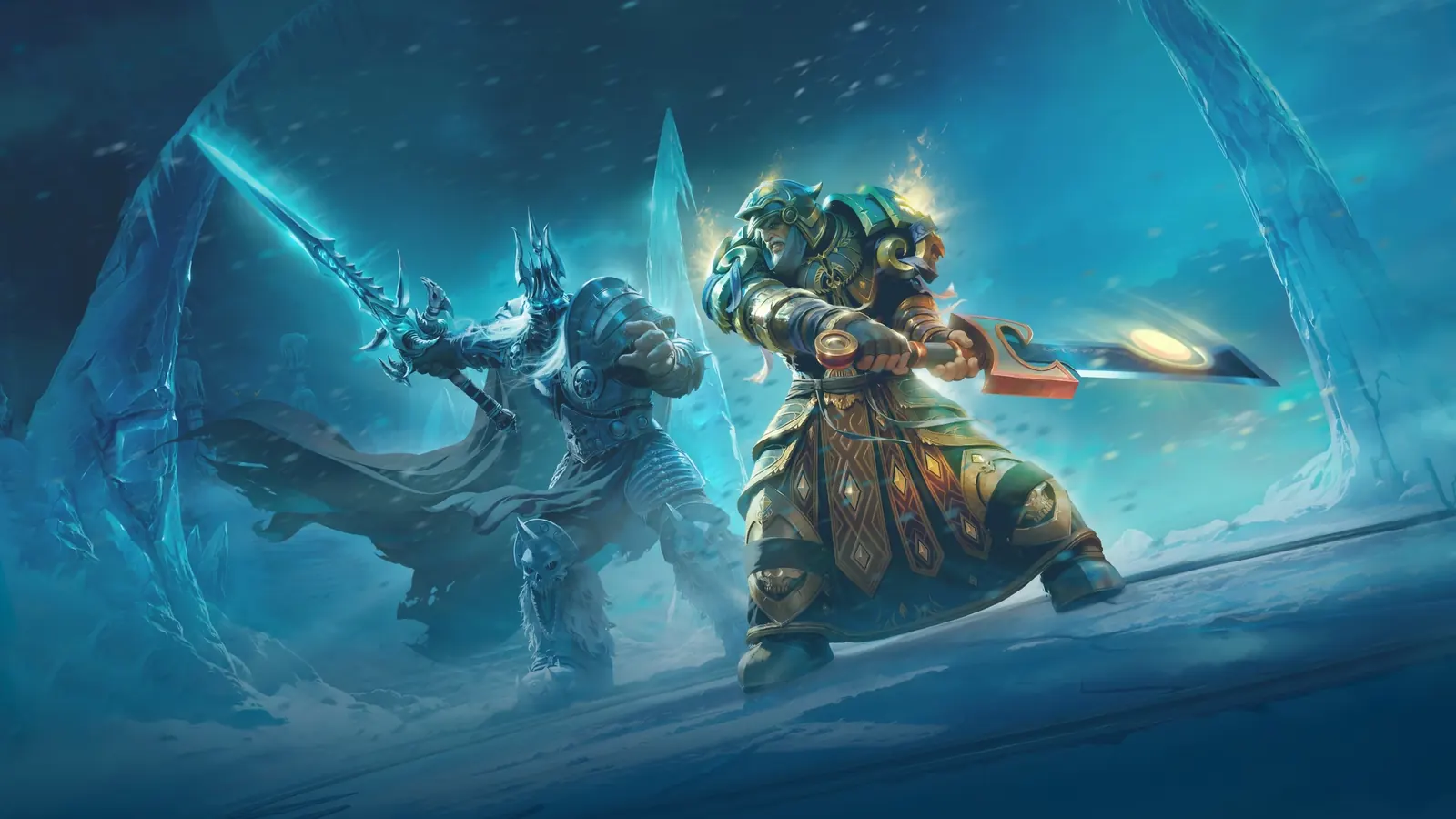Key art: Tirion Fordring faces the Lich King